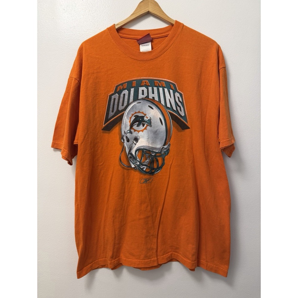 Vintage Reebok Miami Dolphins NFL Orange Helmet Logo T Shirt Men's XL 90s